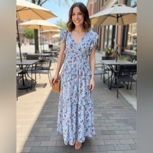 Floral Tiered Maxi Dress | Size Small | V-Neck Flowy Summer Dress